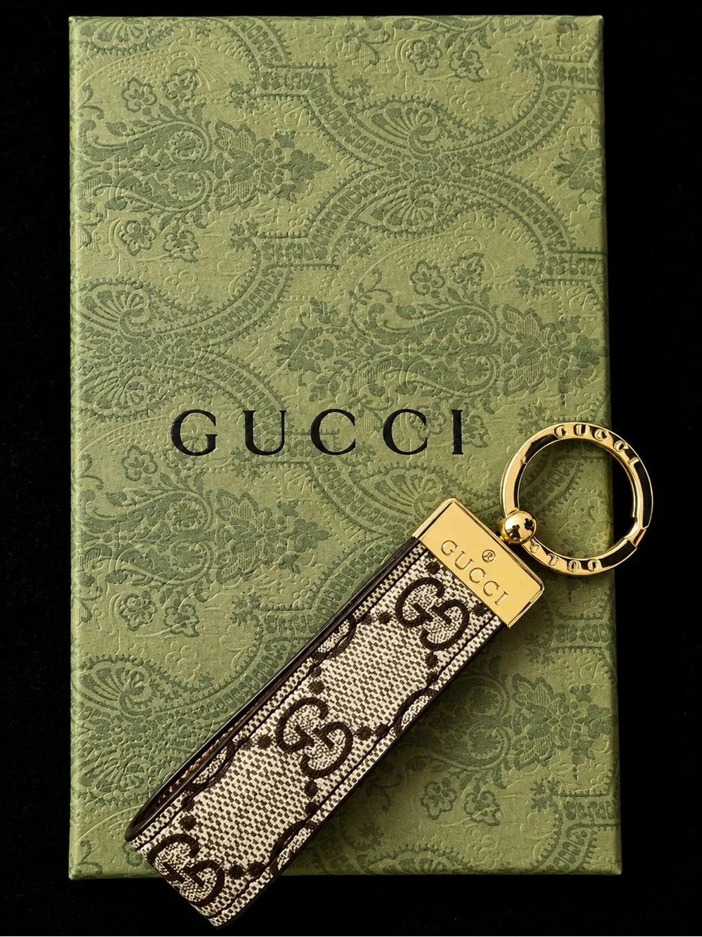 IN BOX Gucci Brown & Beige GG Canvas Gold-Tone Keyring